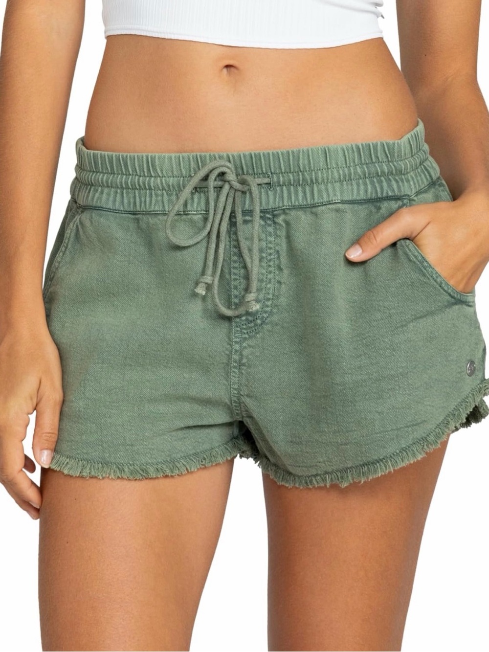 Roxy Olive Drawstring Frayed Hem Athletic Shorts